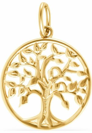 Goldfarbener Anhänger mit einem kunstvoll gestalteten Baum innerhalb eines kreisförmigen Rahmens, mit detaillierten Ästen und Blättern.