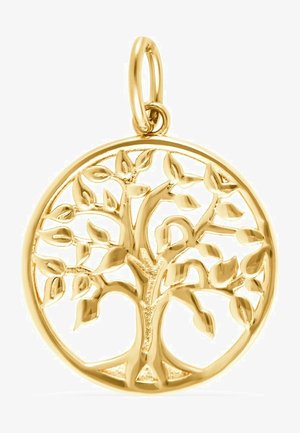 Goldfarbener Anhänger mit einem kunstvoll gestalteten Baum innerhalb eines kreisförmigen Rahmens, mit detaillierten Ästen und Blättern.