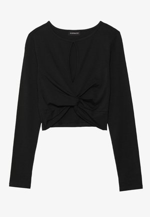 Zwart cropped langemouwen top gemaakt van een gladde, rekbare stof met een sleutelgat ontwerp en een geknoopte voorkant.
