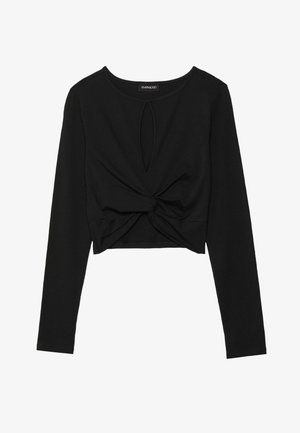 Top scurt, negru, cu mânecă lungă, realizat dintr-un material elastic și neted, având un design cu o deschidere în formă de cheie și un detaliu de nod în față.