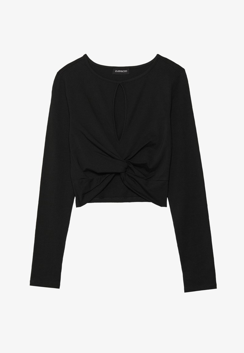 Black cropped long-sleeve top made from a smooth, stretch fabric featuring a keyhole design and a knotted front detail.