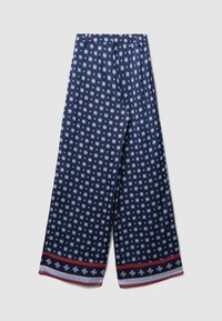 Pantalons larges bleu marine avec un motif floral en blanc et rose. Comprend un ourlet à motif avec des accents rouges et blancs. Tissu léger.