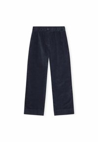 Pantaloni in corduroy navy con gamba larga, cintura elastica e chiusura con bottone. Presentano una superficie liscia e un orlo rifinito alle caviglie.