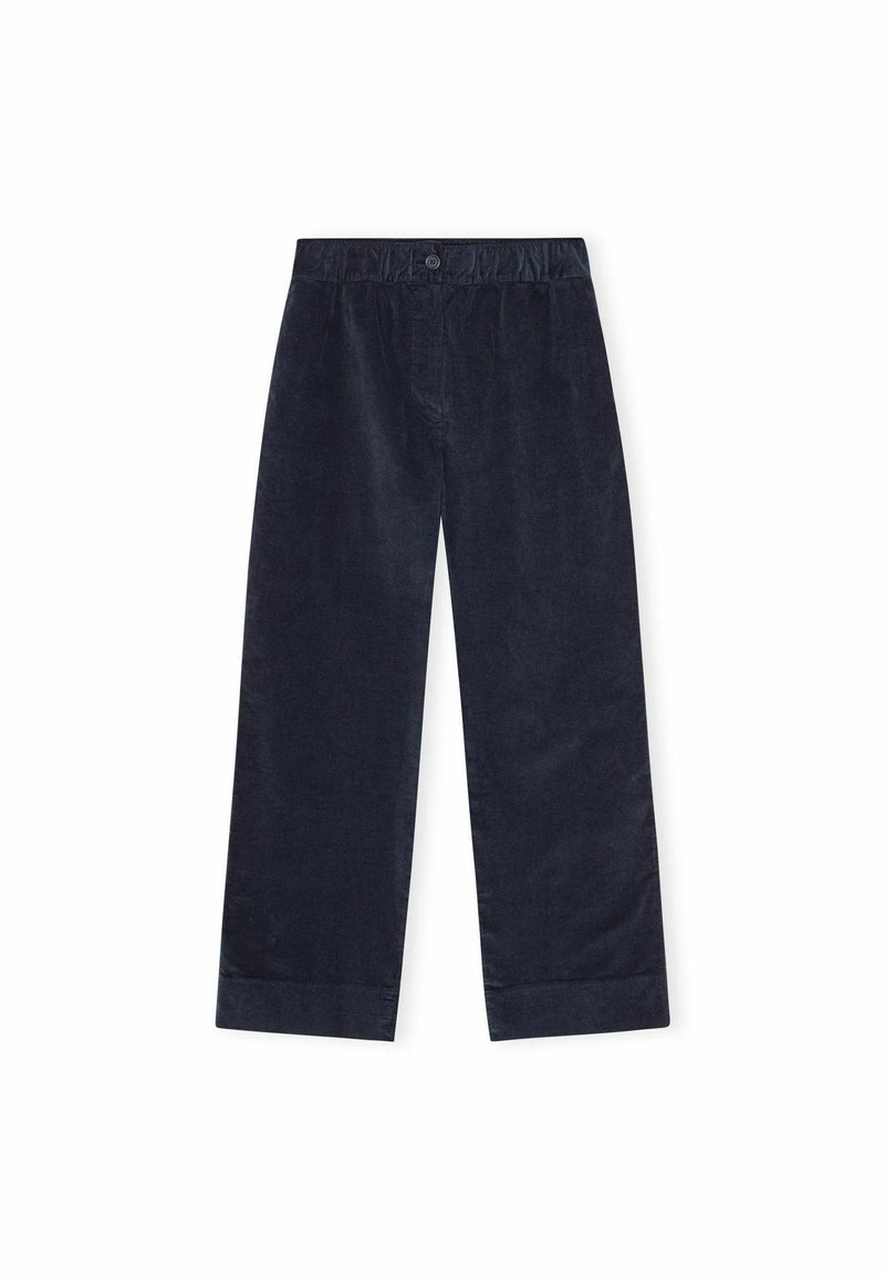 Pantaloni in corduroy navy con gamba larga, cintura elastica e chiusura con bottone. Presentano una superficie liscia e un orlo rifinito alle caviglie.