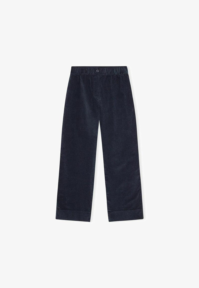 Morske hlače iz kordura z širokimi nogami, elastičnim pasom in gumbom za zapiranje. Imajo gladko teksturo in oblikovan rob na gležnjih.