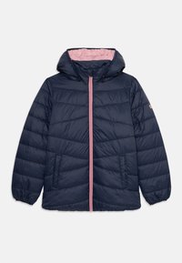 Marine jakke med rosa glidelås og fôr. Har hette, horisontale sømmer og to sidelommer.