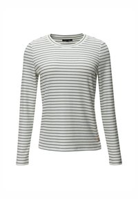 Langärmliges, geripptes Oberteil in hellem Creme mit navyblauen horizontalen Streifen. Hat einen runden Halsausschnitt und seitliche Knöpfe für zusätzliche Details.
