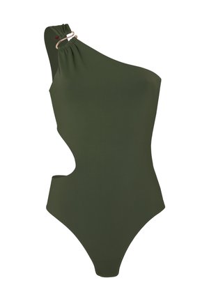 Olijfgroene badpak met één schouder, zijuitsnede en verstelbare geplooide band met ronde metalen ring.