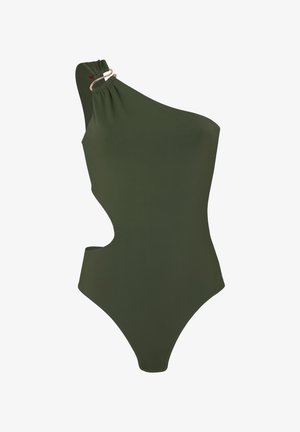 Olivgrüner Ein-Schulter-Badeanzug mit seitlichem Cutout und verstellbarem gerafftem Träger mit rundem Metallring-Detail.