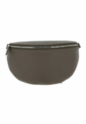 Sac en cuir gris foncé en forme d'ovale, avec une texture lisse, une fermeture éclair et un logo gravé subtilement à l'avant.
