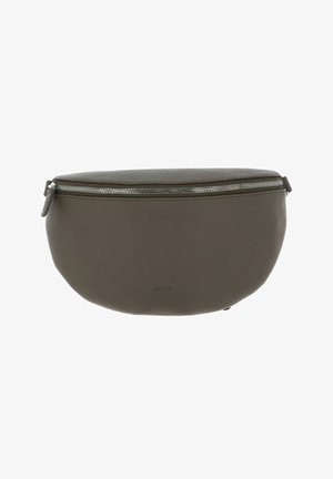 Sac en cuir gris foncé en forme d'ovale, avec une texture lisse, une fermeture éclair et un logo gravé subtilement à l'avant.