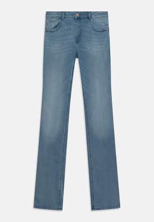 Jeans en denim bleu clair avec une coupe droite, dotés de poches avant, d'une taille à boutons et d'un léger délavage sur le tissu.