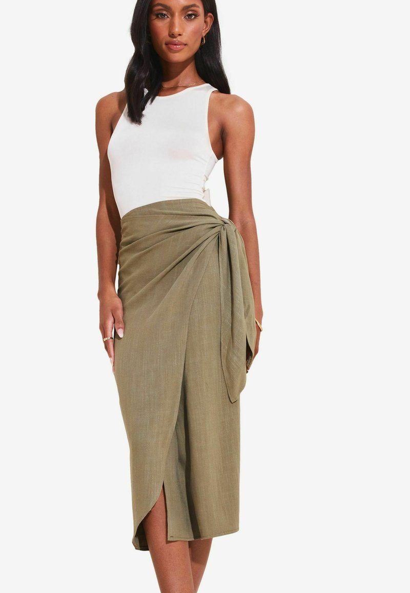 Lipsy TIE WAIST MIDI  TALL  - Átlapolós szoknya - khaki green
