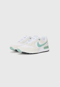 Białe buty sportowe z jasnoniebieskimi akcentami, cholewka z zamszu i siateczki, okrągłe sznurówki i teksturowana czarna gumowa podeszwa. Logo Nike po boku.