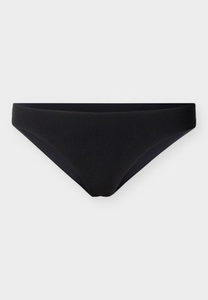 Schwarzer Bikini-Slip aus elastischem Stoff, mit tiefem Schnitt und glatter Textur, nahtlosem Bund und geringer Bedeckung.