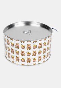 Contenitore di latta rotondo con un design decorato, featuring orsetti dei cartoni animati e barattoli di miele. Base bianca con coperchio argento e linguetta blu.