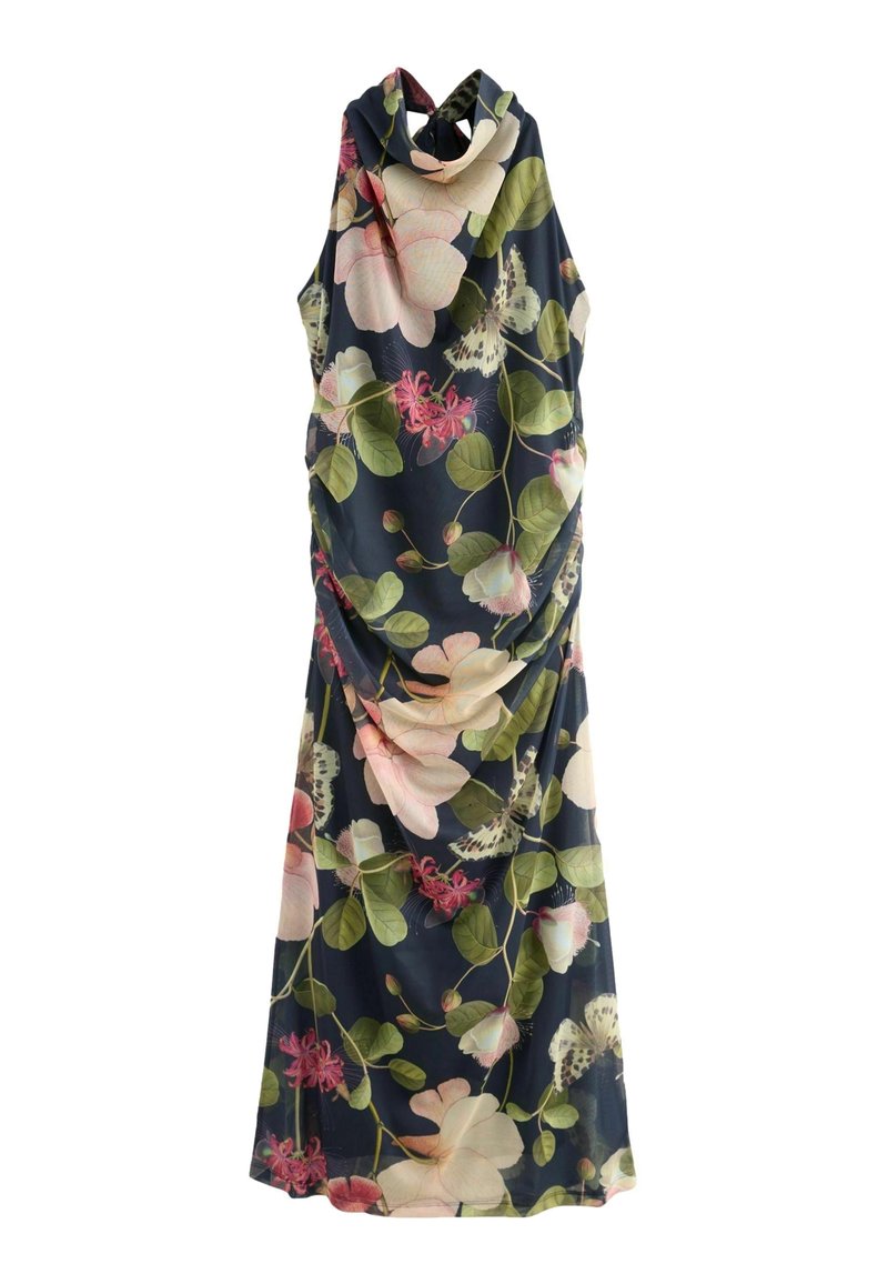 Robe maxi bleu marine sans manches avec un grand imprimé floral et papillon rose et blanc, avec un décolleté drapé et des côtés froncés.