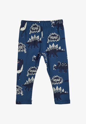 Leggings azul marino fabricados en tejido suave, con un estampado de dinosaurios que incluye T-rexes y estegosaurios, con burbujas de diálogo que dicen "¡GRRR!" y "¡DESCORTÉS!"