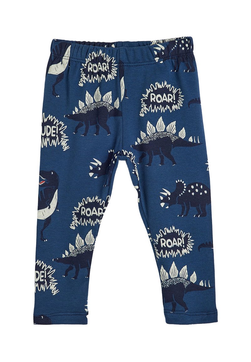 Marineblauwe leggings van zachte stof, met een dinosaurusthema, inclusief T-rexen en stegosaurussen, met spraakballonnen die "ROAR!" en "RUDE!" zeggen.