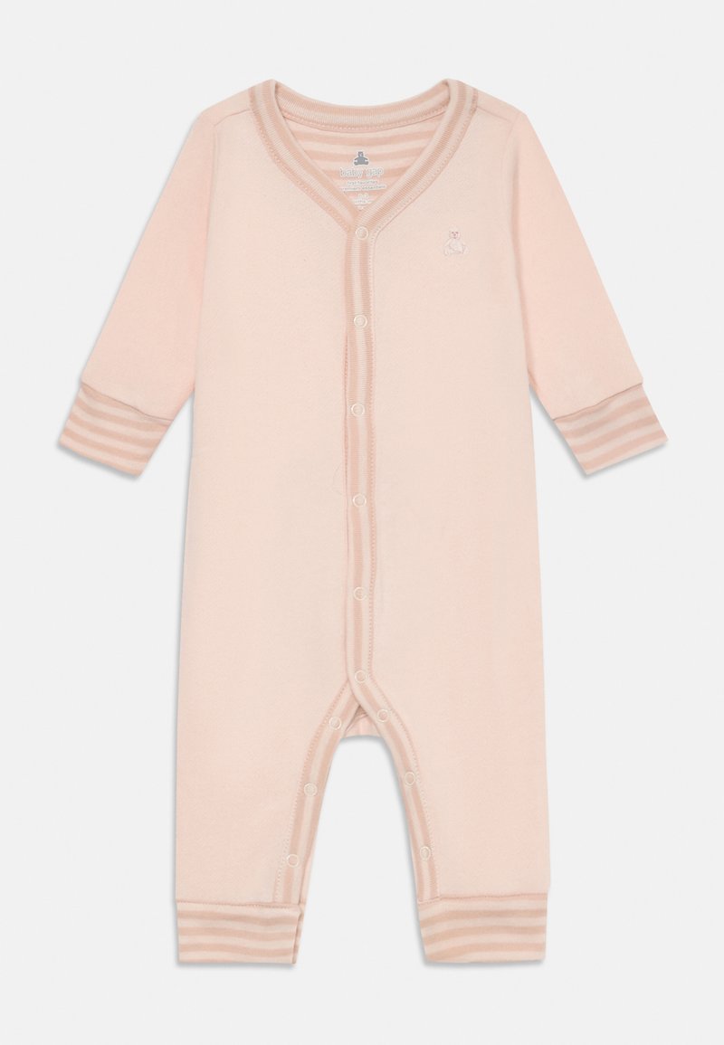 Bledoružový detský overal vyrobený z mäkkej látky, s dlhými rukávmi, výstrihom do V, pruhovanými manžetami a zapínaním na patentky pozdĺž prednej strany a na spodnej časti.