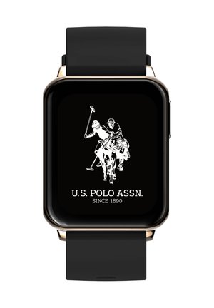 Smartwatch mit schwarzem Armband, das ein U.S. Polo Assn.-Logo zeigt, auf dem zwei Polospieler auf Pferden abgebildet sind, sowie den Schriftzug "U.S. POLO ASSN. SEIT 1890."