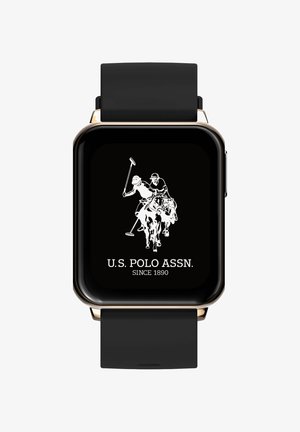 Smartwatch with black strap displaying a U.S. Polo Assn. logo featuring two polo players on horses and the text "U.S. POLO ASSN. SINCE 1890."