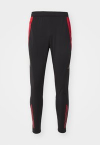 Schwarze Sporthosen mit roten seitlichen Akzenten, aus dehnbarem Material gefertigt. Verfügt über ein tailliertes Design und einen elastischen Bund für zusätzlichen Komfort.