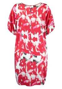 Robe à motifs floraux rouges et roses avec des manches courtes, en tissu lisse, dotée d'un col rond et d'une fermeture à bouton à l'arrière.
