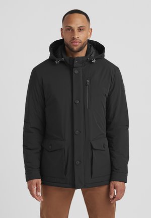 Black, insulated jacket with a hood, front button closure, two front pockets, and a chest zip pocket. Smooth fabric with a sleek design.