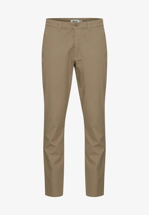 Beige színű, pamutból készült chino nadrág sima textúrával, cipzáras záródással, övbujtólakkal és két elülső zsebből áll, klasszikus egyenes szárú fazonnal.