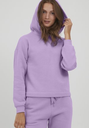 Felpa con cappuccio viola realizzata in morbido tessuto misto cotone, caratterizzata da una vestibilità comoda, polsini a costine e una tasca a marsupio frontale.