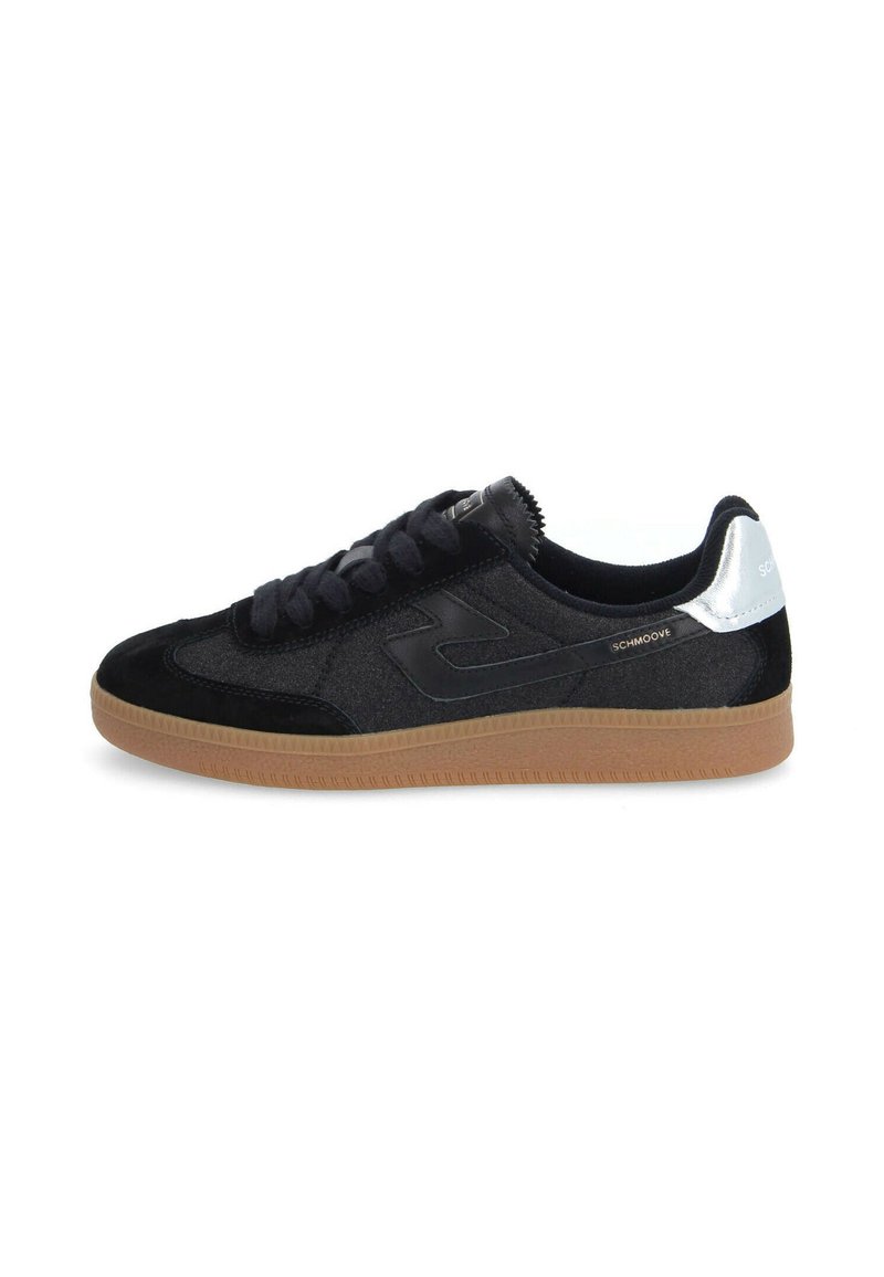 Black suede and fabric sneaker with a rubber gum sole, flat laces, and silver heel accent. Features a subtle logo on the side.
