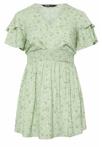 Short green dress with a V-neck, ruffled sleeves, smocked waist, and small white floral pattern throughout.