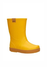 Botte de pluie en caoutchouc jaune avec une surface lisse, un bout arrondi et une semelle en caoutchouc. Présente un accent en cuir beige à l'arrière avec un logo.