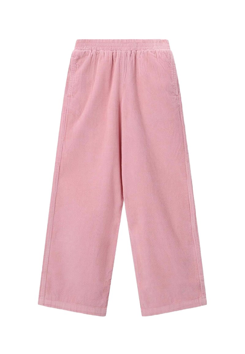 Roze corduroy wijde broek met een elastische tailleband, met verticale ribbelstructuur en zijzakken voor extra functionaliteit.