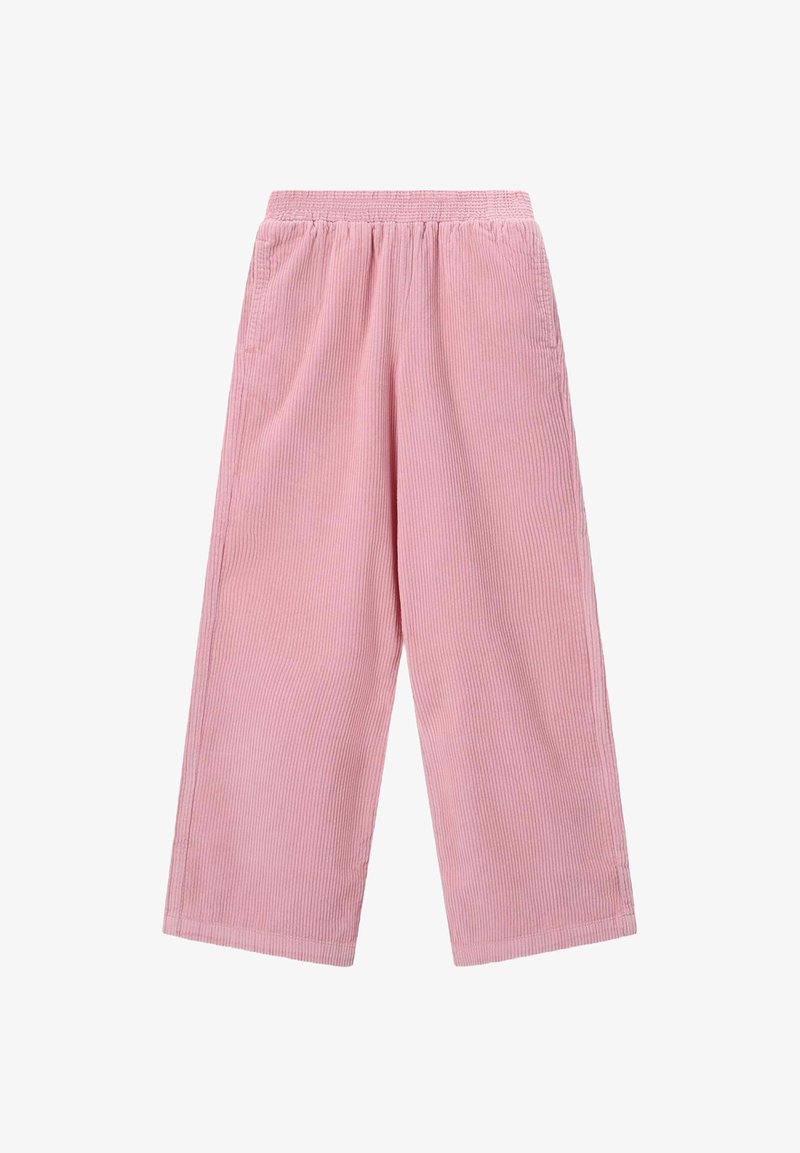 Roze corduroy wijde broek met een elastische tailleband, met verticale ribbelstructuur en zijzakken voor extra functionaliteit.