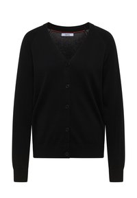 Cardigan boutonné noir à manches longues et col en V, avec une petite étiquette de marque à l'intérieur du col.