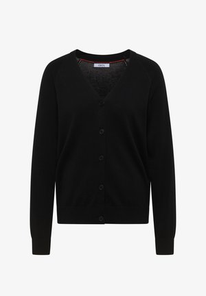 Cardigan boutonné noir à manches longues et col en V, avec une petite étiquette de marque à l'intérieur du col.