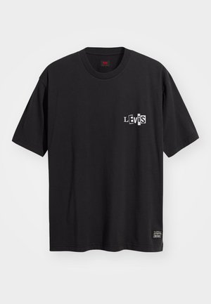 Black cotton t-shirt featuring a white graphic logo on the left chest, short sleeves, and a crew neck design. Flat hem at the bottom.