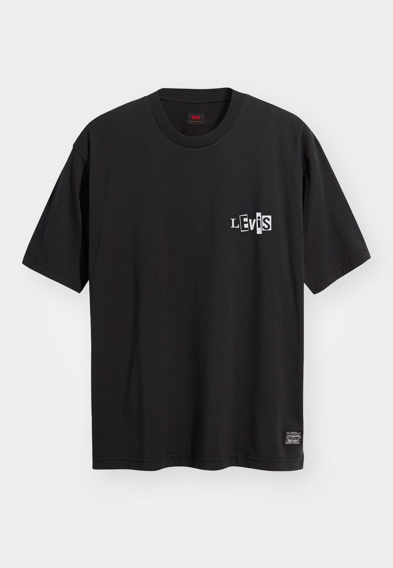 Schwarzes Baumwoll-T-Shirt mit einem weißen Grafiklogo auf der linken Brust, kurzen Ärmeln und einem runden Halsausschnitt. Flacher Saum am unteren Ende.