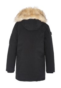 Parka nera con cappuccio foderato in pelliccia, dotata di maniche lunghe, taglio dritto e tasche laterali per la funzionalità.