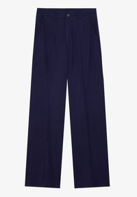 Navy blue wide-leg trousers with front button and zip closure, side pockets, and belt loops, displayed on a white background.