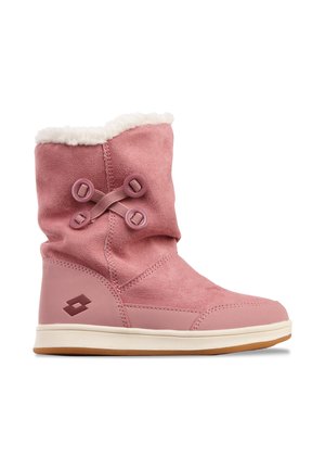 Pink winter boot with white fleece lining, decorative crossed straps with buttons, rubber sole, and soft suede upper.