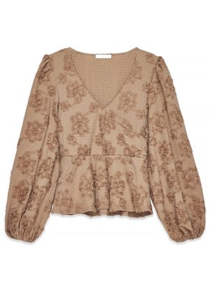 Braun blumig gemusterte Bluse mit V-Ausschnitt, gerafften langen Ärmeln und einem Peplum-Saum. Strukturierter Stoff mit erhabenen Blütendetails.