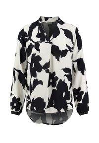 Zwart-wit gebloemd blouse van lichtgewicht stof. Heeft een V-hals, lange mouwen met elastische manchetten en een gebogen zoom.