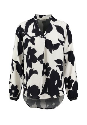 Bluse mit floralem Muster in Schwarz-Weiß aus leichtem Material. Sie hat einen V-Ausschnitt, lange Ärmel mit elastischen Bündchen und einen abgerundeten Saum.