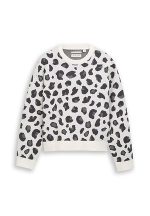 Weißes Sweatshirt mit langen Ärmeln, schwarzen und grauen unregelmäßigen Leopardenmustern sowie gerippten Bündchen und Saum.