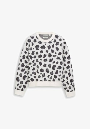 Witte sweater met lange mouwen, zwarte en grijze onregelmatige luipaardprint en geribbelde boorden en zoom.