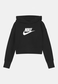 Svart kort hoodie i bomullsblandning med en stor vit Nike-logotyp på framsidan, med kapuschong och åtsittande ärmslut.