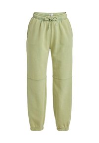 Lys grønne sweatpants lavet af blødt stof, med en elastisk talje med snor, ribbede nederste kant og lodrette sømme.